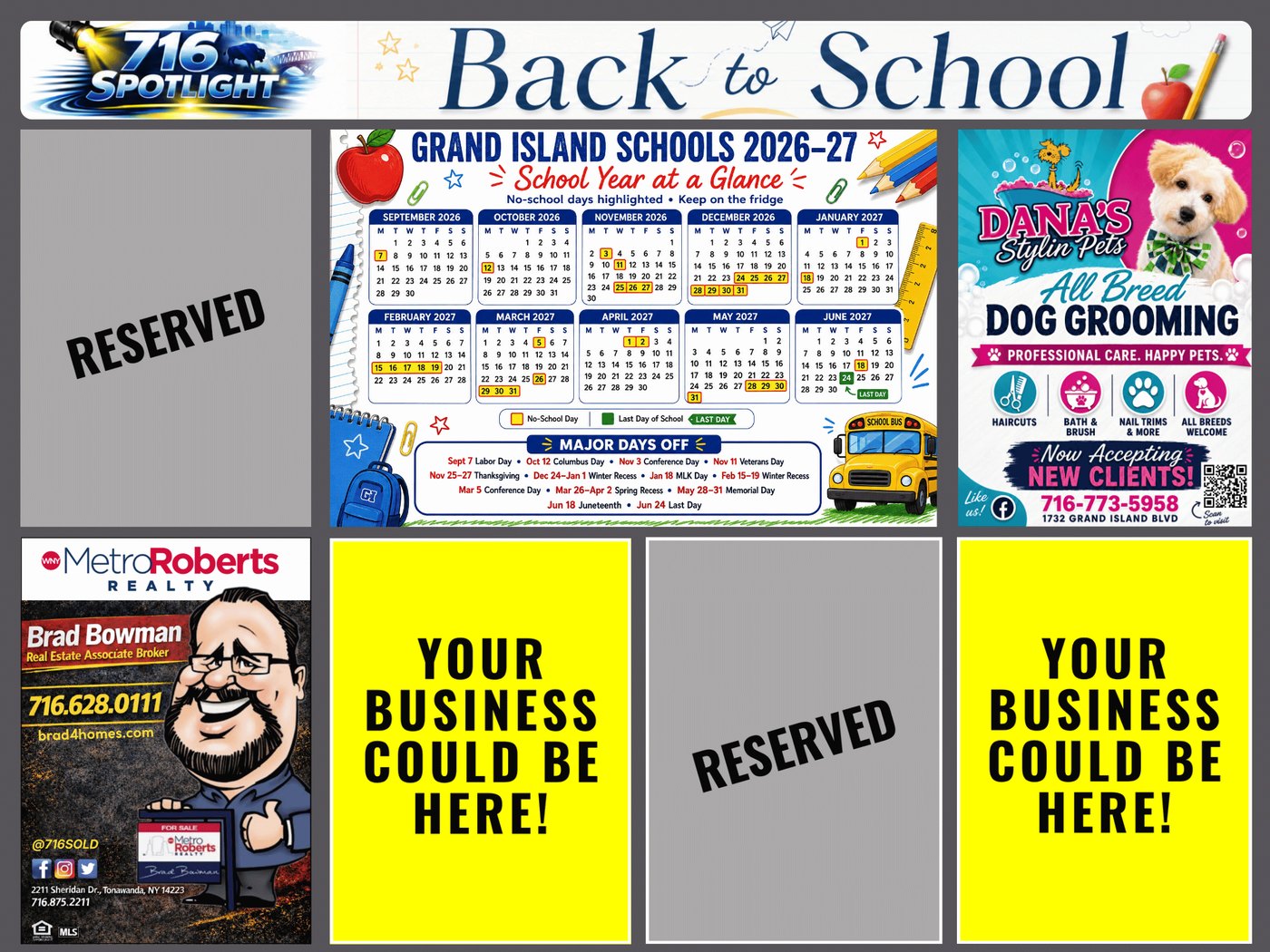 Back of the next Grand Island Spotlight postcard, showing which advertiser spots are claimed and which are still open