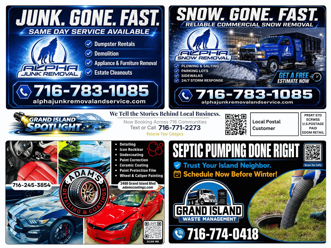 Front of the next Grand Island Spotlight postcard, showing which advertiser spots are claimed and which are still open